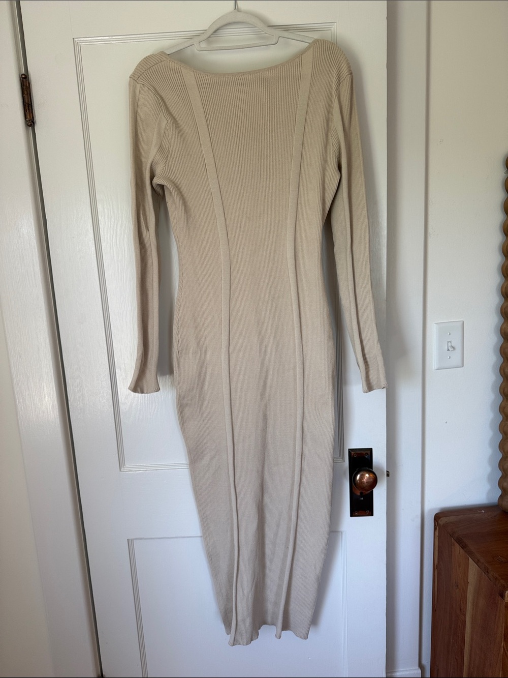 H&M Neutral Ribbed Long-Sleeve Midi Dress